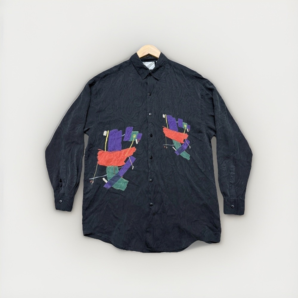 Vintage Goouch Abstract Art long Sleeve Shirt Mens L Festival 100% Silk